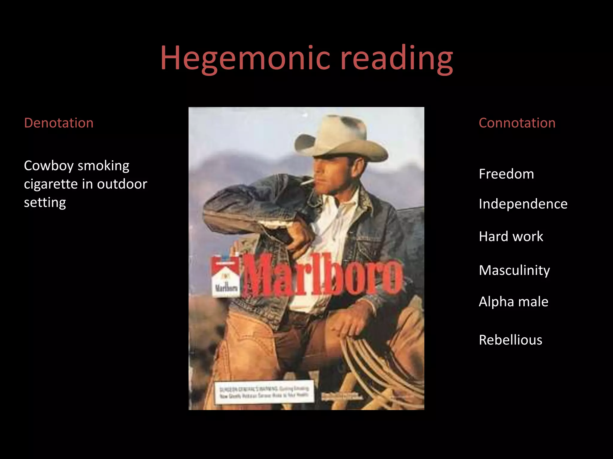Hegemonic reading 
Denotation 
Cowboy smoking 
cigarette in outdoor 
setting 
Connotation 
Freedom 
Independence 
Hard work 
Masculinity 
Alpha male 
Rebellious 
 
