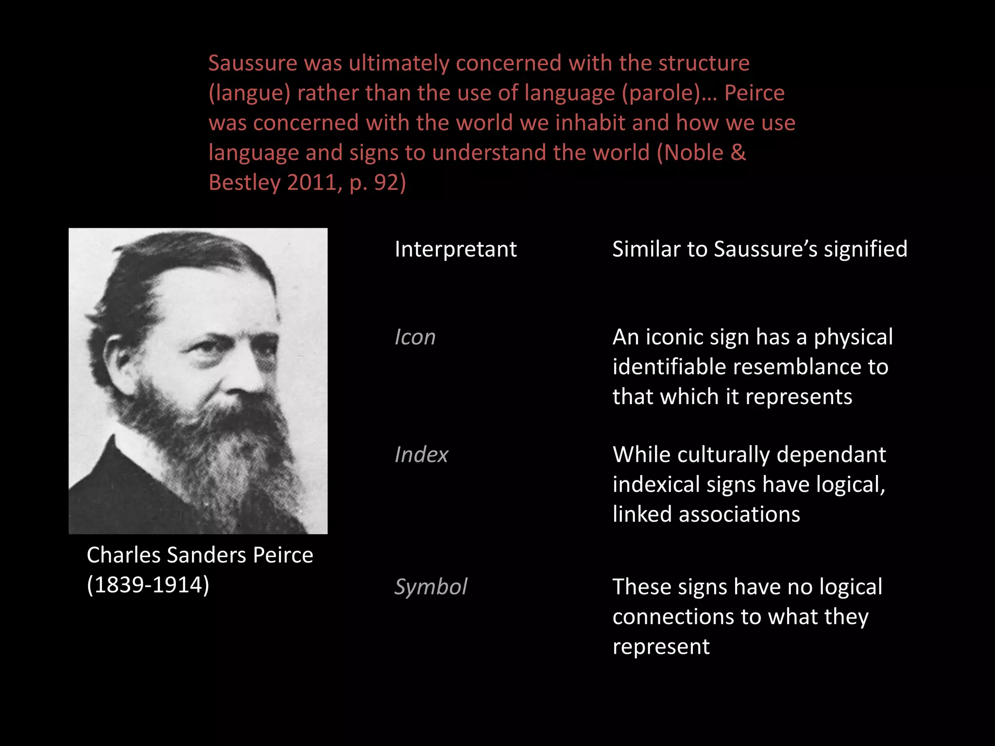 Saussure was ultimately concerned with the structure 
(langue) rather than the use of language (parole)… Peirce 
was concerned with the world we inhabit and how we use 
language and signs to understand the world (Noble & 
Bestley 2011, p. 92) 
Charles Sanders Peirce 
(1839-1914) 
Interpretant Similar to Saussure’s signifiedt 
Icon An iconic sign has a physical 
identifiable resemblance to 
that which it represents 
Index While culturally dependant 
indexical signs have logical, 
linked associations 
Symbol These signs have no logical 
connections to what they 
represent 
 