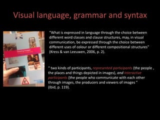 Visual language, grammar and syntax 
“What is expressed in language through the choice between 
different word classes and clause structures, may, in visual 
communication, be expressed through the choice between 
different uses of colour or different compositional structures” 
(Kress & van Leeuwen, 2006, p. 2). 
“ two kinds of participants, represented participants (the people , 
the places and things depicted in images), and interactive 
participants (the people who communicate with each other 
through images, the producers and viewers of images ” 
(Ibid, p. 119). 
 