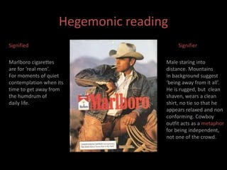 Hegemonic reading 
Signified 
Marlboro cigarettes 
are for ‘real men’. 
For moments of quiet 
contemplation when its 
time to get away from 
the humdrum of 
daily life. 
Signifier 
Male staring into 
distance. Mountains 
In background suggest 
‘being away from it all’. 
He is rugged, but clean 
shaven, wears a clean 
shirt, no tie so that he 
appears relaxed and non 
conforming. Cowboy 
outfit acts as a metaphor 
for being independent, 
not one of the crowd. 
 