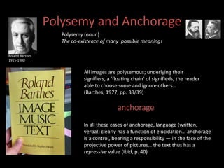 Polysemy and Anchorage 
Polysemy (noun) 
The co-existence of many possible meanings 
All images are polysemous; underlying their 
signifiers, a ‘floating chain’ of signifieds, the reader 
able to choose some and ignore others… 
(Barthes, 1977, pp. 38/39) 
anchorage” 
In all these cases of anchorage, language (written, 
verbal) clearly has a function of elucidation… anchorage 
is a control, bearing a responsibility — in the face of the 
projective power of pictures… the text thus has a 
repressive value (Ibid, p. 40) 
Roland Barthes 
1915-1980 
 