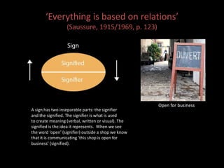 ‘Everything is based on relations’ 
(Saussure, 1915/1969, p. 123) 
A sign has two inseparable parts: the signifier 
and the signified. The signifier is what is used 
to create meaning (verbal, written or visual). The 
signified is the idea it represents. When we see 
the word ‘open’ (signifier) outside a shop we know 
that it is communicating ‘this shop is open for 
business’ (signified). 
Open for business 
 
