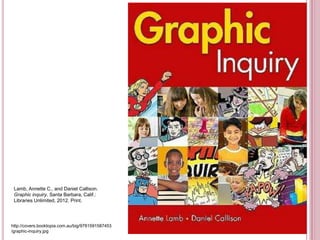 Lamb, Annette C., and Daniel Callison.
 Graphic inquiry. Santa Barbara, Calif.:
 Libraries Unlimited, 2012. Print.




http://covers.booktopia.com.au/big/9781591587453
/graphic-inquiry.jpg
 