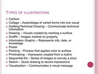 TYPES OF ILLUSTRATIONS
   Cartoon
   Collage – Assemblage of varied forms into one visual
   Drafting/Technical Drawing – Communicate technical
    information
   Drawing – Visuals created by marking a surface
   Graffiti – Images marked on property
   Information Graphic – Represents info, data, or
    knowledge
   Poster
   Painting – Process that applies color to surface
   Printmaking – Impression created from a matrix
   Sequential Art – Series of images to convey a story
   Sketch – Quick drawing to record impressions
   Visualization – Communicates a visual message
 