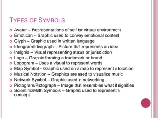TYPES OF SYMBOLS
   Avatar – Representations of self for virtual environment
   Emoticon – Graphic used to convey emotional content
   Glyph – Graphic used in written language
   Ideogram/Ideograph – Picture that represents an idea
   Insignia – Visual representing status or jurisdiction
   Logo – Graphic forming a trademark or brand
   Logogram – Uses a visual to represent words
   Map Symbol – Graphic used on a map to represent a location
   Musical Notation – Graphics are used to visualize music
   Network Symbol – Graphic used in networking
   Pictogram/Pictograph – Image that resembles what it signifies
   Scientific/Math Symbols – Graphic used to represent a
    concept
 