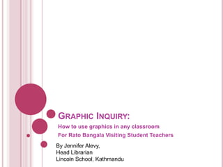 GRAPHIC INQUIRY:
How to use graphics in any classroom
For Rato Bangala Visiting Student Teachers
By Jennifer Alevy,
Head Librarian
Lincoln School, Kathmandu
 
