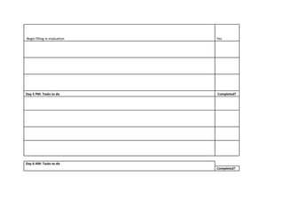 Begin filling in evaluation Yes
Day 5 PM: Tasks to do Completed?
Day 6 AM: Tasks to do
Completed?
 