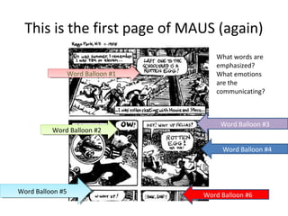 This is the first page of MAUS (again)
Word Balloon #1Word Balloon #1
Word Balloon #2Word Balloon #2
Word Balloon #5Word Balloon #5
Word Balloon #3
Word Balloon #4
Word Balloon #6
What words are
emphasized?
What emotions
are the
communicating?
 