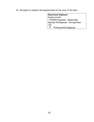 25 
10. Ask pupils to complete the diagram based on the cover of the book. 
Educational Emphases: 
Constructivism 
i-THINK Programme - Bubble Map 
Multiple Intelligences – Intrapersonal 
Thinking Skills (Applying) 
 