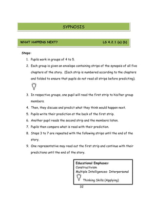 32 
Steps: 
1. Pupils work in groups of 4 to 5. 
2. Each group is given an envelope containing strips of the synopsis of all five chapters of the story. (Each strip is numbered according to the chapters and folded to ensure that pupils do not read all strips before predicting). 
3. In respective groups, one pupil will read the first strip to his/her group members. 
4. Then, they discuss and predict what they think would happen next. 
5. Pupils write their prediction at the back of the first strip. 
6. Another pupil reads the second strip and the members listen. 
7. Pupils then compare what is read with their prediction. 
8. Steps 3 to 7 are repeated with the following strips until the end of the story. 
9. One representative may read out the first strip and continue with their predictions until the end of the story. 
SYPNOSIS 
WHAT HAPPENS NEXT? LS 4.2.1 (a) (b) 
Educational Emphases: 
Constructivism 
Multiple Intelligences- Interpersonal Thinking Skills (Applying)  