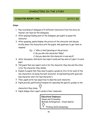 41 
Steps: 
1. Play recording of dialogues of 5 different characters from the story (or teacher can read out the dialogues). 
2. After playing/reading each of the dialogues, get pupils to guess the character. 
3. After guessing, paste/display the picture of the character and discuss briefly about the characters with the pupils. Ask questions to get them to respond. 
E.g.: 1. Who is this? (pointing at the picture) 
2. Do you like this character? Why? 
3. Can you describe this character in one word? 
4. After discussion, distribute two report cards and two sets of Label 1 to each pupil. 
5. Tell pupils that one report card is for the character they like and the other is for the character they dislike. 
6. Explain to pupils that they need to paste a grade (A, B or C) for each of the two characters. (A being the best character, B representing both good and bad character and C for bad character.) 
7. Then, pupils write two adjectives to describe each character. 
8. Pupils provide justification/reasons for awarding the specific grades to the characters they chose. 
9. Pupils display their report cards in their classroom. 
CHARACTERS IN THE STORY 
CHARACTER REPORT CARD LS 4.2.1 (a) 
Educational Emphases: 
Values and Citizenship 
Multiple Intelligences – Visual-Spatial Thinking Skills (Analysing)  