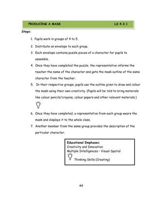 44 
PRODUCING A MASK 
Steps: 
1. Pupils work in groups of 4 to 5. 
2. Distribute an envelope to each group. 
3. Each envelope contains puzzle pieces of a character for pupils to assemble. 
4. Once they have completed the puzzle, the representative informs the teacher the name of the character and gets the mask outline of the same character from the teacher. 
5. In their respective groups, pupils use the outline given to draw and colour the mask using their own creativity. (Pupils will be told to bring materials like colour pencils/crayons, colour papers and other relevant materials.) 
6. Once they have completed, a representative from each group wears the mask and displays it to the whole class. 
7. Another member from the same group provides the description of the particular character. 
Educational Emphases: 
Creativity and Innovation 
Multiple Intelligences – Visual-Spatial Thinking Skills (Creating) 
PRODUCING A MASK LS 4.3.1  