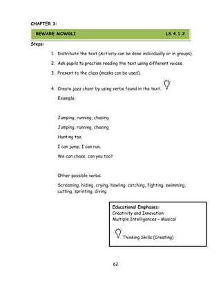 62 
CHAPTER 3: 
BEWARE MOWGLI 
Steps: 
1. Distribute the text (Activity can be done individually or in groups). 
2. Ask pupils to practise reading the text using different voices. 
3. Present to the class (masks can be used). 
4. Create jazz chant by using verbs found in the text. 
Example: 
Jumping, running, chasing 
Jumping, running, chasing 
Hunting too. 
I can jump, I can run, 
We can chase, can you too? 
Other possible verbs: 
Screaming, hiding, crying, howling, catching, fighting, swimming, cutting, sprinting, diving 
Educational Emphases: 
Creativity and Innovation 
Multiple Intelligences – Musical 
Thinking Skills (Creating) 
BEWARE MOWGLI LS 4.1.2  