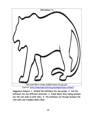 69 
(Worksheet 1) 
IN CHAPTER 4: HOW SHERE KHAN IS KILLED 
(Source: http://www.supercoloring.com/pages/tiger-outline/) 
Suggested Answers; 1. Divided the buffaloes into two groups. 2. Led the buffaloes into two different directions. 3. Found Shere Khan hiding between two tall rock walls on both sides. 4. The buffaloes ran through between the rock walls and trampled Shere Khan.  