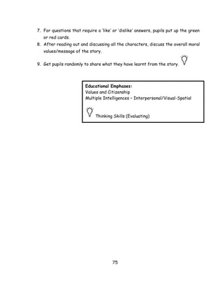 75 
7. For questions that require a ‗like‘ or ‗dislike‘ answers, pupils put up the green or red cards. 
8. After reading out and discussing all the characters, discuss the overall moral values/message of the story. 
9. Get pupils randomly to share what they have learnt from the story. 
Educational Emphases: 
Values and Citizenship 
Multiple Intelligences – Interpersonal/Visual-Spatial 
Thinking Skills (Evaluating) 
 