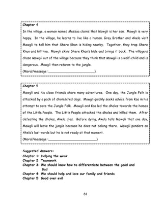 81 
Chapter 4 
In the village, a woman named Messua claims that Mowgli is her son. Mowgli is very happy. In the village, he learns to live like a human. Grey Brother and Akela visit Mowgli to tell him that Shere Khan is hiding nearby. Together, they trap Shere Khan and kill him. Mowgli skins Shere Khan‘s hide and brings it back. The villagers chase Mowgli out of the village because they think that Mowgli is a wolf-child and is dangerous. Mowgli then returns to the jungle. 
(Moral/message :_______________________) 
Chapter 5 
Mowgli and his close friends share many adventures. One day, the Jungle Folk is attacked by a pack of dholes/red dogs. Mowgli quickly seeks advice from Kaa in his attempt to save the Jungle Folk. Mowgli and Kaa led the dholes towards the homes of the Little People. The Little People attacked the dholes and killed them. After defeating the dholes, Akela dies. Before dying, Akela tells Mowgli that one day, Mowgli will leave the jungle because he does not belong there. Mowgli ponders on Akela‘s last words but he is not ready at that moment. 
(Moral/message :________________________) 
Suggested Answers: 
Chapter 1: Helping the weak 
Chapter 2: Teamwork 
Chapter 3: We should know how to differentiate between the good and 
Bad 
Chapter 4: We should help and love our family and friends 
Chapter 5: Good over evil 
 