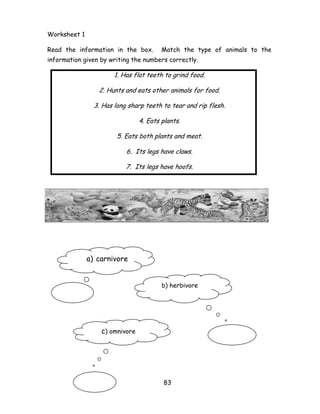 83 
Worksheet 1 
Read the information in the box. Match the type of animals to the information given by writing the numbers correctly. 
1. Has flat teeth to grind food. 
2. Hunts and eats other animals for food. 
3. Has long sharp teeth to tear and rip flesh. 
4. Eats plants. 
5. Eats both plants and meat. 
6. Its legs have claws. 
7. Its legs have hoofs. 
a)carnivore 
b) herbivore 
c) omnivore  