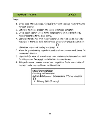 84 
Steps: 
1. Divide class into five groups. Tell pupils they will be doing a reader‘s theatre for each chapter. 
2. Get pupils to choose a leader. The leader will choose a chapter. 
3. Give a leader a script (refer to the sample script) which is simplified by teacher according to the class ability. 
4. Each pupil takes a role from the given script. Some roles can be shared by two pupils if there are more members in a group. Every group is given about 15 minutes to practise reading as a group. 
5. When the group is ready to perform, each pupil can choose a mask to use for the reader‘s theatre. 
6. High stools (science lab stools/ music room stools) can be borrowed and used for this purpose. Every pupil reads his lines in a creative way. 
7. This performance can even be used as a competition. Pupils‘ appreciation of the text can be assessed based on this activity. 
Educational Emphases: 
Creativity and Innovation 
Multiple Intelligences – Interpersonal / Verbal Linguistic Thinking Skills (Creating) 
READERS’ THEATRE LS 4.3.2  