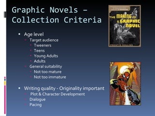 Graphic Novels –  Collection Criteria Age level Target audience Tweeners Teens Young Adults Adults General suitability Not too mature Not too immature Writing quality - Originality important Plot & Character Development  Dialogue Pacing 