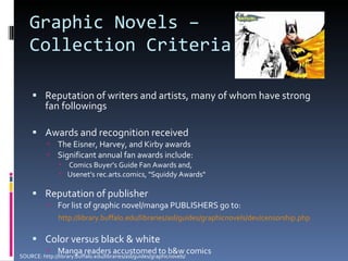 Graphic Novels –  Collection Criteria Reputation of writers and artists, many of whom have strong fan followings Awards and recognition received The Eisner, Harvey, and Kirby awards  Significant annual fan awards include: Comics Buyer's Guide Fan Awards and, Usenet’s rec.arts.comics, "Squiddy Awards" Reputation of publisher For list of graphic novel/manga PUBLISHERS go to:   http://library.buffalo.edu/libraries/asl/guides/graphicnovels/dev/censorship.php Color versus black & white Manga readers accustomed to b&w comics SOURCE: http://library.buffalo.edu/libraries/asl/guides/graphicnovels/ 