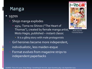 Manga 1970s Shojo manga explodes  1974: Toma no Shinzo (“The Heart of Thomas”), created by female manga artist, Moto Hagio, published – instant classic It is a glbtq story with male protagonists Girl heroines became more independent,  individualistic, less maiden-esque Format evolves from magazine strips to independent paperbacks SOURCE: Thorn, M. (2001). Shojo Manga:  Something for the Girls.  Japan Quarterly  48(3): July-September issue. Book cover for “ Toma No Shinzo” 