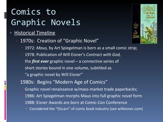 Comics to  Graphic Novels Historical Timeline 1970s:  Creation of “Graphic Novel” 1972:  Maus,  by Art Spiegelman is born as a small comic strip;  1978: Publication of Will Eisner’s  Contract with God,  the  first ever  graphic novel – a connective series of short stories bound in one volume, subtitled as  “ a graphic novel by Will Eisner” 1980s:  Begins “Modern Age of Comics” Graphic novel renaissance w/mass-market trade paperbacks; 1986: Art Spiegelman morphs Maus into full graphic novel form 1988: Eisner Awards are born at Comic-Con Conference Considered the “Oscars” of comic book industry (see willeisner.com) 