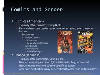 Comics and Gender Comics (American) Typically attracts males, young & old Female characters can be sexist in representation, even the super-heroes Sub-genres Bad-girl Comics   Catwoman Xena: Warrior Princess Babe Comics Witchblade Lady Pendragon Manga (Japanese) Typically attracts females, young & old Gender-swapping common (girl mistaken for boy, vice-versa) Gender representations culture-specific to Japan American publications may be sensitized to American cultural norms http://library.buffalo.edu/libraries/asl/guides/graphicnovels/dev/women.php ;  http://web.mit.edu/rei/www/manga-gender.html   