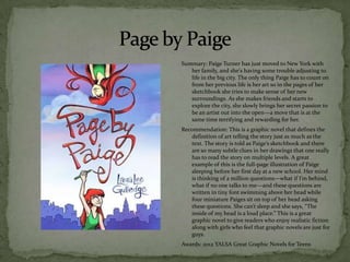 Summary: Paige Turner has just moved to New York with
   her family, and she's having some trouble adjusting to
   life in the big city. The only thing Paige has to count on
   from her previous life is her art so in the pages of her
   sketchbook she tries to make sense of her new
   surroundings. As she makes friends and starts to
   explore the city, she slowly brings her secret passion to
   be an artist out into the open—a move that is at the
   same time terrifying and rewarding for her.
Recommendation: This is a graphic novel that defines the
   definition of art telling the story just as much as the
   text. The story is told as Paige’s sketchbook and there
   are so many subtle clues in her drawings that one really
   has to read the story on multiple levels. A great
   example of this is the full-page illustration of Paige
   sleeping before her first day at a new school. Her mind
   is thinking of a million questions—what if I’m behind,
   what if no one talks to me—and these questions are
   written in tiny font swimming above her head while
   four miniature Paiges sit on top of her head asking
   these questions. She can’t sleep and she says, “The
   inside of my head is a loud place.” This is a great
   graphic novel to give readers who enjoy realistic fiction
   along with girls who feel that graphic novels are just for
   guys.
Awards: 2012 YALSA Great Graphic Novels for Teens
 