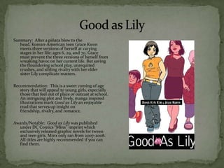 Summary: After a piñata blow to the
   head, Korean-American teen Grace Kwon
   meets three versions of herself at varying
   stages in her life: ages 6, 29, and 70. Grace
   must prevent the three versions of herself from
   wreaking havoc on her current life. But saving
   the floundering school play, unrequited
   crushes, and sibling rivalry with her older
   sister Lily complicate matters.

Recommendation: This is a sweet coming of age
   story that will appeal to young girls, especially
   those that feel out of place or outcast at school.
   An intriguing plot and lively, manga inspired
   illustrations mark Good as Lily an enjoyable
   read that serves up insight on
   friendship, rivalry, and romance.

Awards/Notable: Good as Lily was published
  under DC Comics “Minx” imprint which
  exclusively released graphic novels for tween
  and teen girls. Minx only ran from 2007-2008.
  All titles are highly recommended if you can
  find them.
 