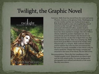 Summary: Bella Swan has moved from the warm and sunny
   Phoenix, Arizona, to the gloomy Forks, Washington, to
   give her mother and her new husband more space.
   Bella finds herself in a new school gathering a lot of
   attention as the “new girl.” She becomes almost
   entranced with Edward Cullen, another student.
   Edward shows a variety of emotions toward getting to
   know her, from repulsed to intrigue. But when Bella is
   almost crushed by another classmate’s van, she is
   miraculously saved by Edward, who she knows was
   nowhere near her. As she tries to figure him out, they
   slowly become friends. Then on a camping trip, Bella
   learns from Jacob Black (a friend of the family) what
   Edward really is: a vampire. Bella confronts Edward
   and he explains that when he first encountered her,
   her scent was nearly irresistible to him which is why he
   tried to avoid her. Despite him being a vampire and
   attracted to the scent of her blood, the two fall in love.
Recommendation: This is the first installment of the
   Twilight graphic novel. Illustrations are done in pen
   and ink with mixed media. For many backgrounds,
   photographs were utilized and altered to look more
   like they were drawn.
 