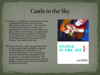 Summary: A young girl names Sheeta wears
  a powerful blue stone necklace that
  allows her to defy gravity. She is on the
  run from both the government and
  pirates who want the stone for their own
  gain. Sheeta meets Pazu, an orphan and
  budding inventor, and the two embark
  on an adventure to uncover the mystery
  of the blue stone and its connection to
  Laputa, the Castle in the Sky.

Recommendation: This manga adaptation
   of the popular film has built-in appeal
   for Miyazaki fans and followers of
   Japanese animation. Those unfamiliar
   with the film will be enthralled by the
   imaginative, fantastical storyline. The
   book’s strongest point is (as expected) its
   brilliant illustrations which are rendered
   in vibrant full-color.
 