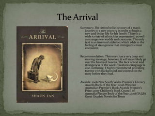 Summary: The Arrival tells the story of a man’s
   journey to a new country in order to begin a
   new and better life for his family. There is a
   wide variety of ethnicities represented, as well
   as strange new worlds and creatures. The only
   text is an invented alphabet which adds to the
   feeling of strangeness that immigrants must
   encounter.

Recommendation: This story has a very deep and
   moving message; however, it will most likely go
   over the heads of tweens. The lack of text and
   strangeness of the world/creatures/language is
   also confusing. I highly recommend providing
   tweens with background and context on the
   story before they read.

Awards: 2006 New South Wales Premier’s Literary
  Awards Book of the Year; 2006 Western
  Australian Premier’s Book Awards Premier’s
  Prize; 2007 Children’s Book Council of
  Australia Picture Book of the Year; 2008 YALSA
  Great Graphic Novels for Teens
 