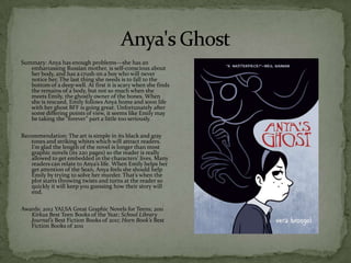 Summary: Anya has enough problems—she has an
   embarrassing Russian mother, is self-conscious about
   her body, and has a crush on a boy who will never
   notice her. The last thing she needs is to fall to the
   bottom of a deep well. At first it is scary when she finds
   the remains of a body, but not so much when she
   meets Emily, the ghostly owner of the bones. When
   she is rescued, Emily follows Anya home and soon life
   with her ghost BFF is going great. Unfortunately after
   some differing points of view, it seems like Emily may
   be taking the “forever” part a little too seriously.

Recommendation: The art is simple in its black and gray
   tones and striking whites which will attract readers.
   I’m glad the length of the novel is longer than most
   graphic novels (its 220 pages) so the reader is really
   allowed to get embedded in the characters’ lives. Many
   readers can relate to Anya’s life. When Emily helps her
   get attention of the Sean, Anya feels she should help
   Emily by trying to solve her murder. That’s when the
   plot starts throwing twists and turns at the reader so
   quickly it will keep you guessing how their story will
   end.

Awards: 2012 YALSA Great Graphic Novels for Teens; 2011
   Kirkus Best Teen Books of the Year; School Library
   Journal’s Best Fiction Books of 2011; Horn Book’s Best
   Fiction Books of 2011
 