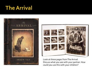 Look at these pages from The Arrival.
Discuss what you see with your partner. How
could you use this with your children?
 