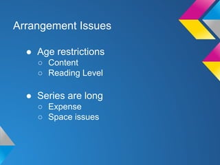 Arrangement Issues
● Age restrictions
○ Content
○ Reading Level

● Series are long
○ Expense
○ Space issues

 