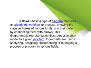 A flowchart is a type of diagram that uses
an algorithm, workflow or process, showing the
steps as boxes of various kinds, and their order
by connecting them with arrows. This
diagrammatic representation illustrates a solution
model to a given problem. Flowcharts are used in
analyzing, designing, documenting or managing a
process or program in various fields.
 