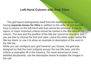Left-Hand Column with Row Titles
The grid layout distinguishes itself from the traditional layout by
having separate boxes for titles in addition to the cells. All grid layouts
have a column on the left-hand side that cannot be removed. Subjects,
topics, or major important criteria should be named in the title bars of this
column. The size and the position of the title bar cannot be changed, but
you are free to choose the font and color. Leave the white space below the
title bar blank, or use it to show an example or description of the word in
the title bar.
While you can configure your grid however you choose, the grid was
designed so that the main subjects occupy the row title bars, and the
criteria or examples fill in the columns. For more advanced or more
detailed storyboards, use the description boxes to explain the images in
the cell.
 
