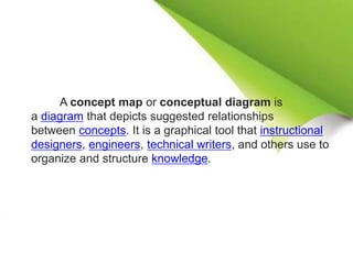 A concept map or conceptual diagram is
a diagram that depicts suggested relationships
between concepts. It is a graphical tool that instructional
designers, engineers, technical writers, and others use to
organize and structure knowledge.
 