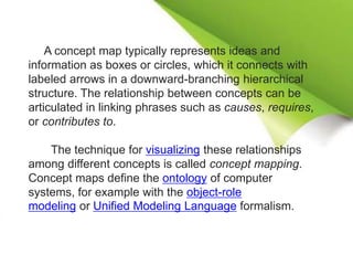 A concept map typically represents ideas and
information as boxes or circles, which it connects with
labeled arrows in a downward-branching hierarchical
structure. The relationship between concepts can be
articulated in linking phrases such as causes, requires,
or contributes to.
The technique for visualizing these relationships
among different concepts is called concept mapping.
Concept maps define the ontology of computer
systems, for example with the object-role
modeling or Unified Modeling Language formalism.
 