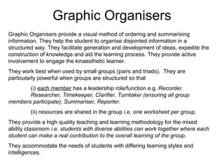 Graphic Organisers
Graphic Organisers provide a visual method of ordering and summarising
information. They help the student to organise disjointed information in a
structured way. They facilitate generation and development of ideas, expedite the
construction of knowledge and aid the learning process. They provide active
involvement to engage the kinaesthetic learner.
They work best when used by small groups (pairs and triads). They are
particularly powerful when groups are structured so that
       (i) each member has a leadership role/function e.g. Recorder,
       Researcher, Timekeeper, Clarifier, Turntaker (ensuring all group
members participate), Summariser, Reporter.
         (ii) resources are shared in the group i.e. one worksheet per group.
They provide a high quality teaching and learning methodology for the mixed
ability classroom i.e. students with diverse abilities can work together where each
student can make a real contribution to the overall learning of the group.
They accommodate the needs of students with differing learning styles and
intelligences.
 