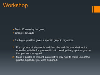  Topic: Chosen by the group
 Grade: 4th Grade
 Each group will be given a specific graphic organizer.
1. Form groups of six people and describe and discuss what topics
would be suitable for you would do to develop the graphic organizer
that you were assigned.
2. Make a poster or present in a creative way how to make use of the
graphic organizer you were assigned.
Workshop
 