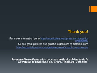 Thank you!
For more information go to http://angelicatea.wordpress.com/graphic-
organizers/
Or see great pictures and graphic organizers at pinterest.com
http://www.pinterest.com/angelicaguevara/graphic-organizaers/
Presentación realizada a los docentes de Básica Primaria de la
Secretaría de Educación de Pereira, Risaralda- Colombia.
 