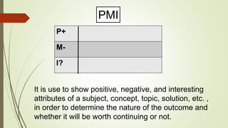 P+
M-
I?
PMI
It is use to show positive, negative, and interesting
attributes of a subject, concept, topic, solution, etc. ,
in order to determine the nature of the outcome and
whether it will be worth continuing or not.
 