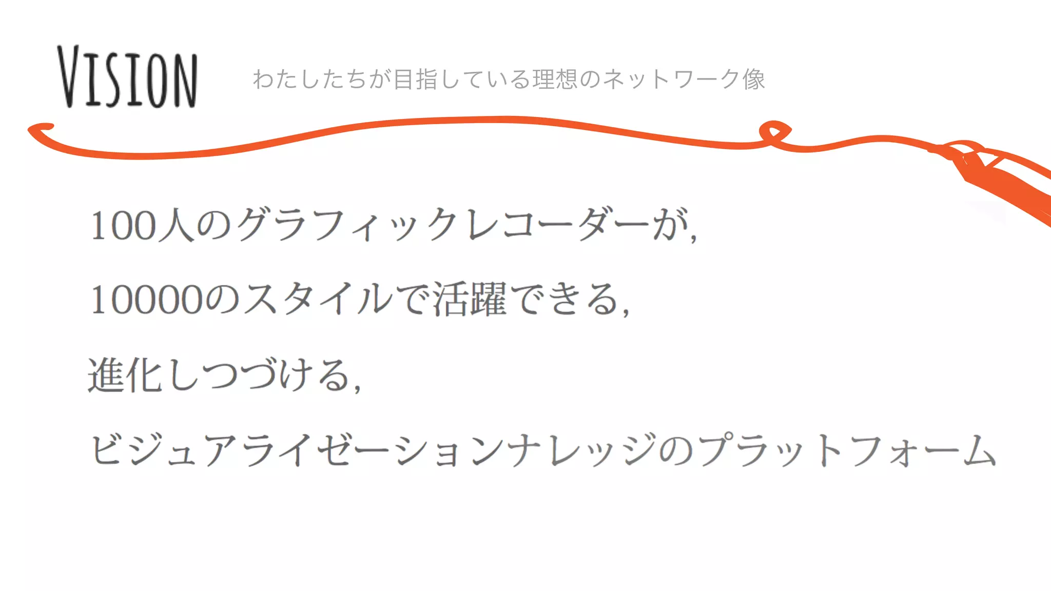 GRNが目指している理想のネットワーク像
100人のグラフィックレコーダーが,
10000のスタイルで活躍できる,
進化しつづける,
ビジュアライゼーションナレッジのプラットフォーム
 