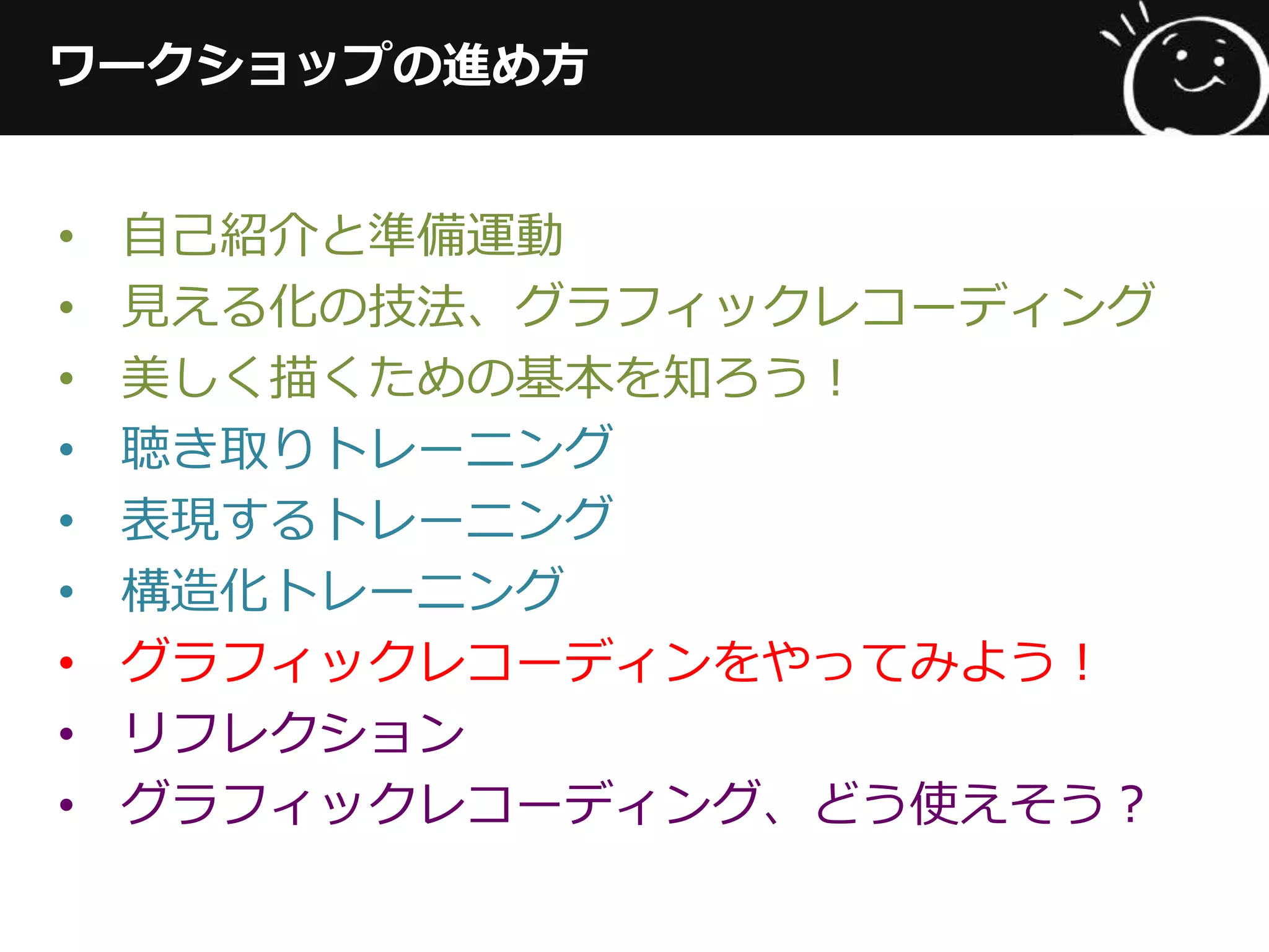 ワークショップの進め⽅方
•  ⾃自⼰己紹介と準備運動
•  ⾒見見える化の技法、グラフィックレコーディング
•  美しく描くための基本を知ろう！
•  聴き取りトレーニング
•  表現するトレーニング
•  構造化トレーニング
•  グラフィックレコーディンをやってみよう！
•  リフレクション
•  グラフィックレコーディング、どう使えそう？
 