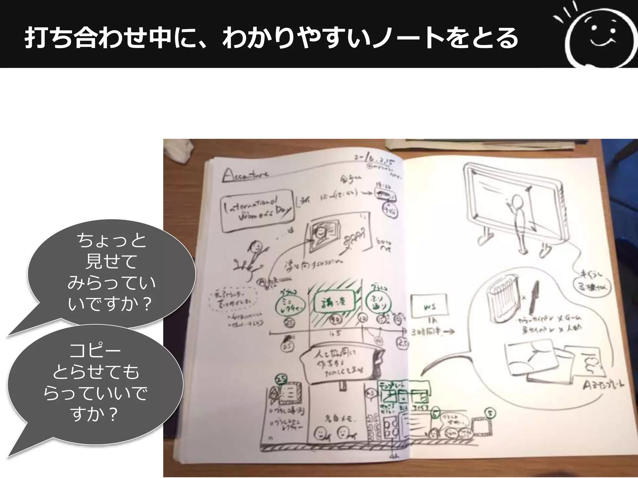 打ち合わせ中に、わかりやすいノートをとる
ちょっと
⾒見見せて
みらっていい
ですか？
コピー
とらせても
らっていいで
すか？
 