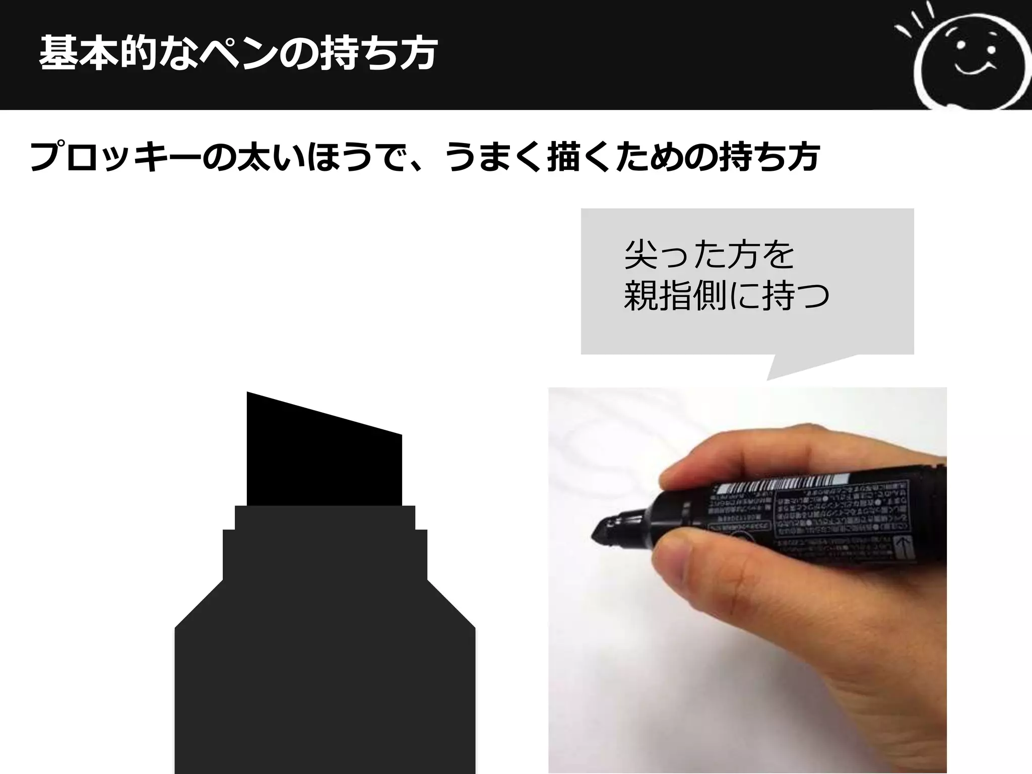 基本的なペンの持ち⽅方
プロッキーの太いほうで、うまく描くための持ち⽅方
尖った⽅方を
親指側に持つ
 