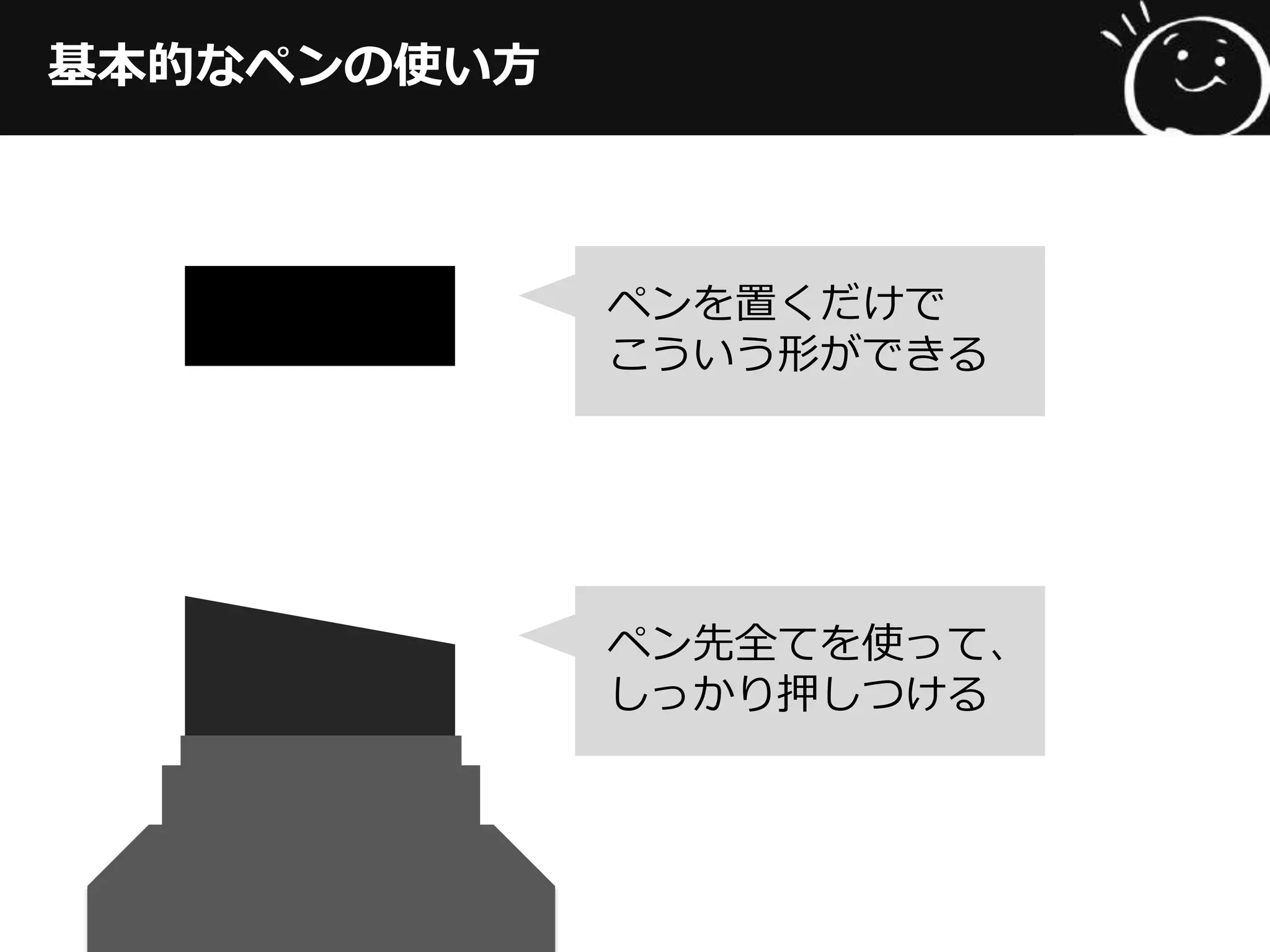 基本的なペンの使い⽅方
ペン先全てを使って、
しっかり押しつける
ペンを置くだけで
こういう形ができる
 
