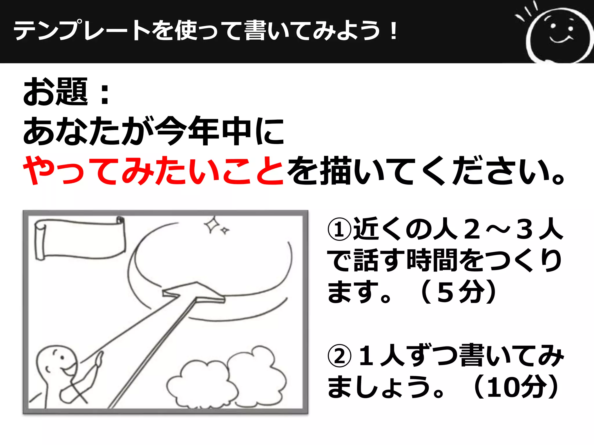 テンプレートを使って書いてみよう！
お題：
あなたが今年年中に
やってみたいことを描いてください。
①近くの⼈人２〜～３⼈人
で話す時間をつくり
ます。（５分）
②１⼈人ずつ書いてみ
ましょう。（10分）
 