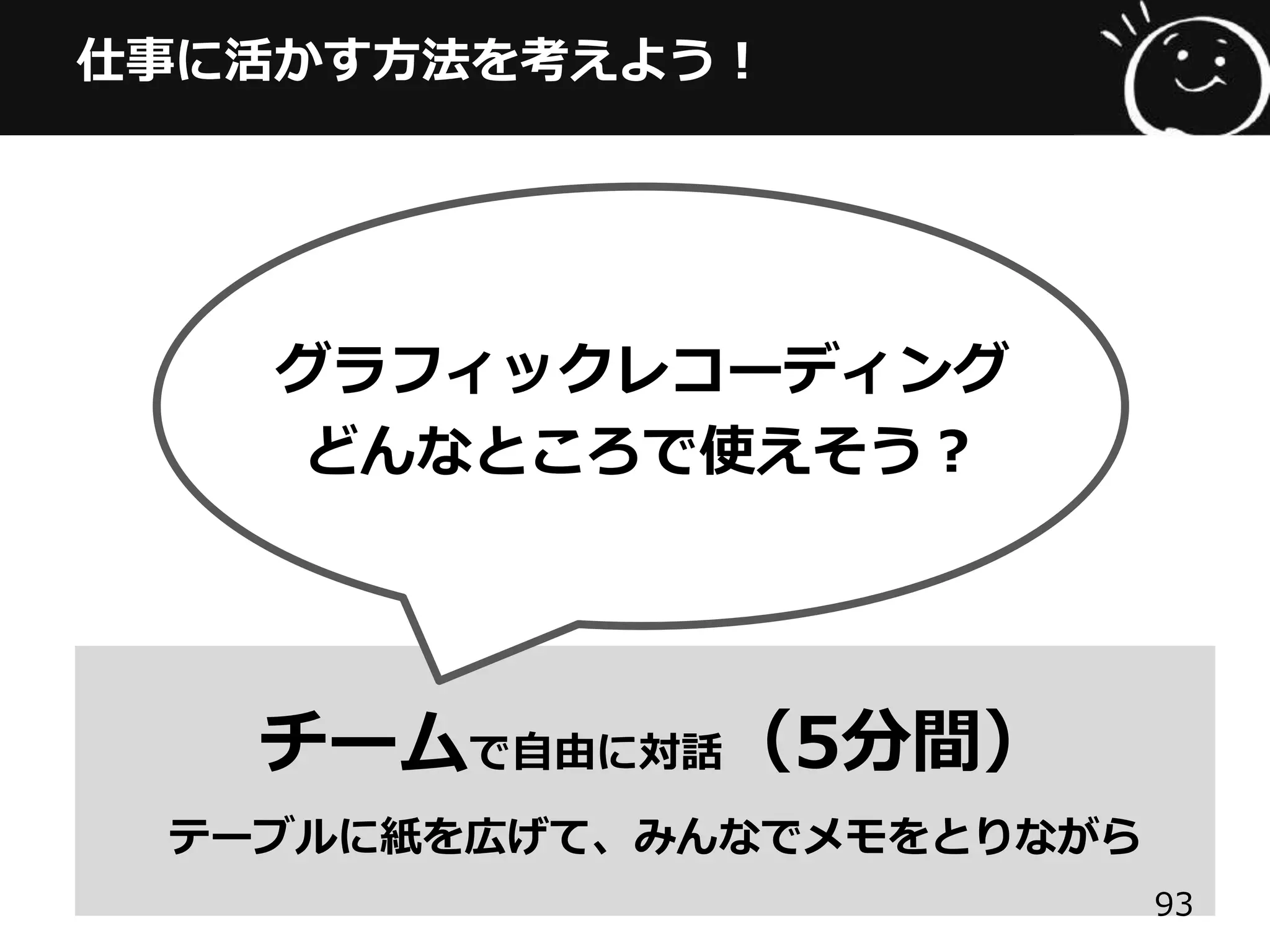チームで⾃自由に対話（5分間）
テーブルに紙を広げて、みんなでメモをとりながら
仕事に活かす⽅方法を考えよう！
グラフィックレコーディング
どんなところで使えそう？
93
 